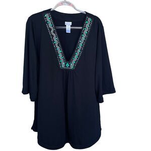 Dotti Blouse Womens Plus Size 1X Black Beaded Deep V 3/4 Sleeve Aztec Boho Tunic